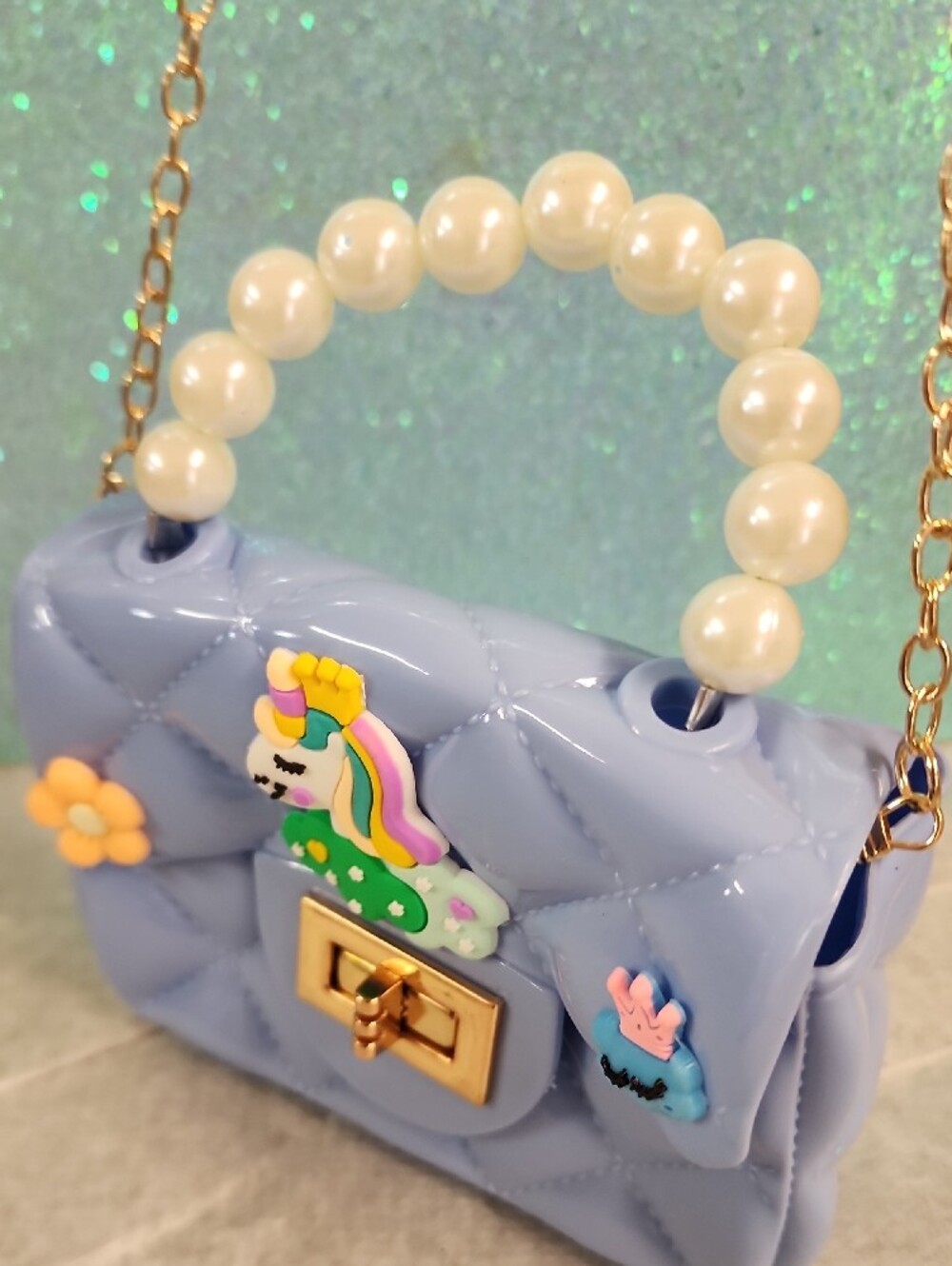 Lilac Quilted Pearl-Handle Crossbody Bag with Unicorn Accents - Picture 6 of 13